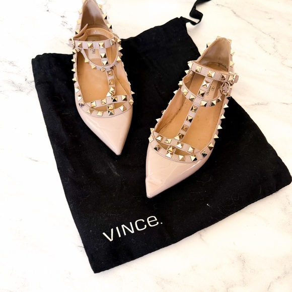 Valentino Garavani Rockstud Caged Nude Patent Leather Pointed Toe Ballet Flats - Picture 3 of 11